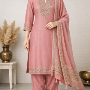 Pink embroidered salwar suit with matching dupatta displayed on mannequin