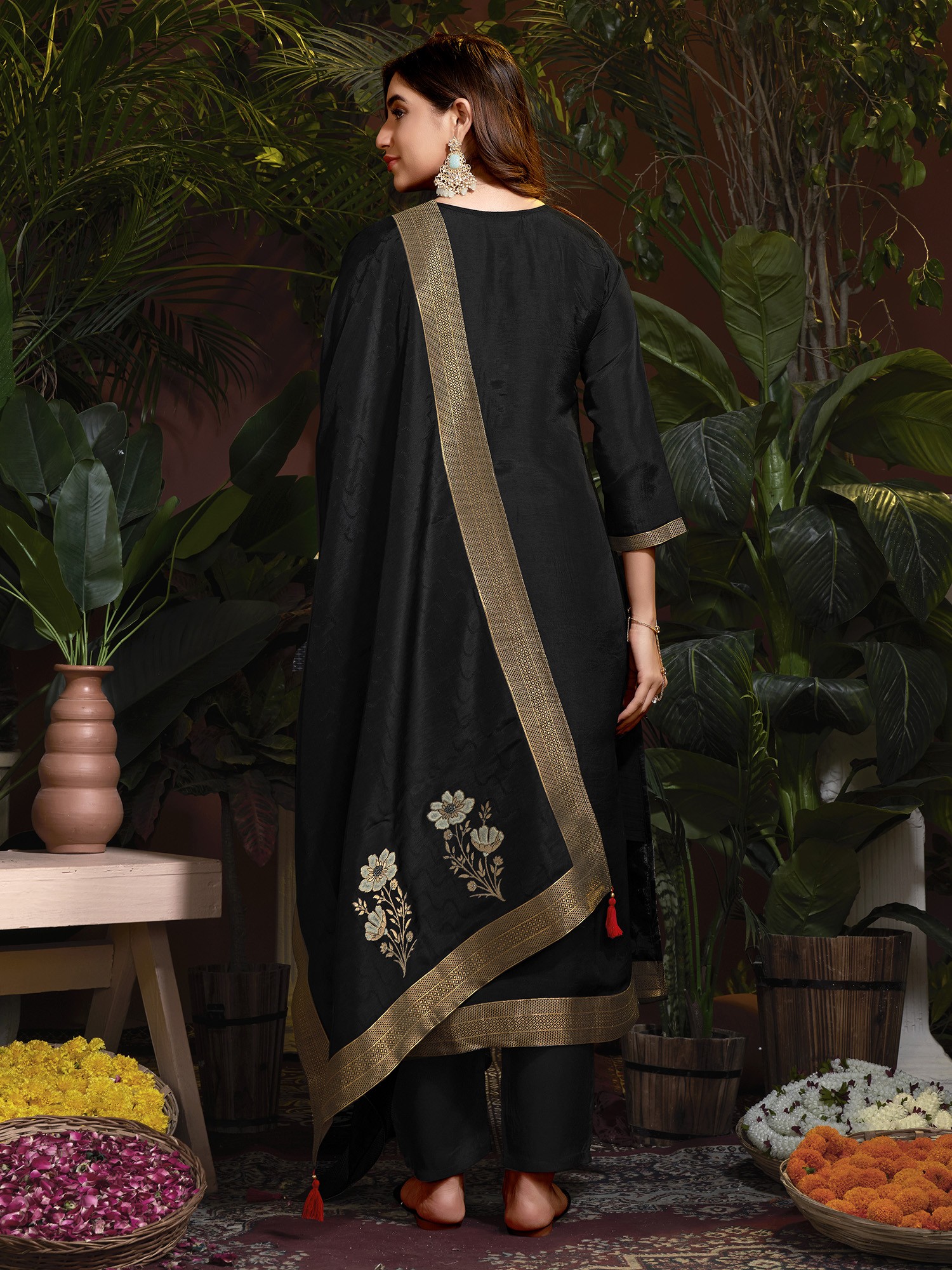 Black Embroidered Salwar Suit with Gold Border Dupatta - Hiranand Ramchand Black Embroidered Salwar Suit with Gold Border Dupatta - Hiranand Ramchand