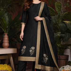 Home Black Embroidered Salwar Suit with Gold Border Dupatta - front - Hiranand Ramnchand