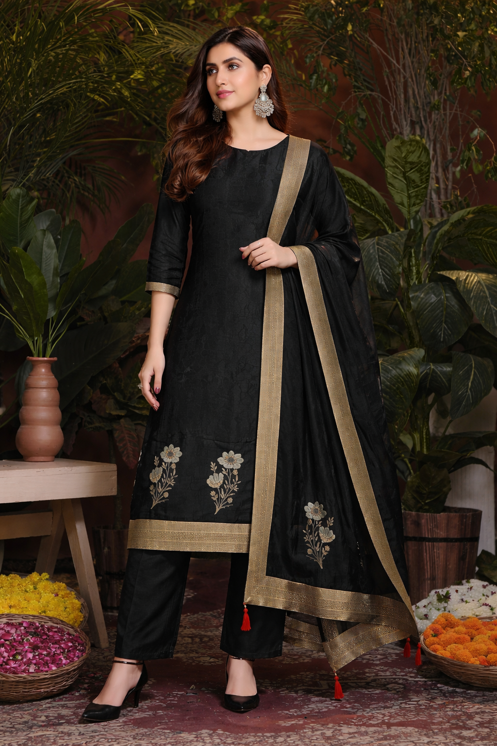 Black Embroidered Salwar Suit with Gold Border Dupatta - front - Hiranand Ramnchand Black Embroidered Salwar Suit with Gold Border Dupatta - front - Hiranand Ramnchand