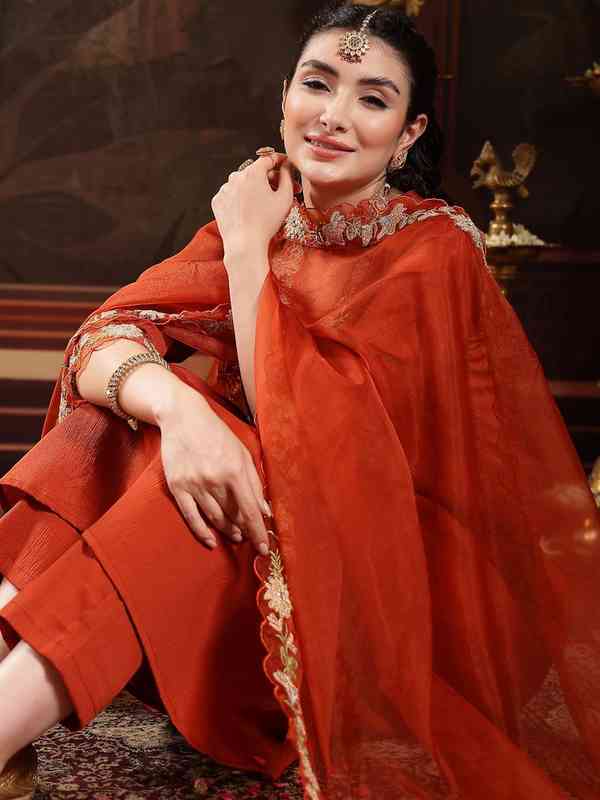 Rust Orange Embroidered Salwar Suit - Hiranand Ramchand Rust Orange Embroidered Salwar Suit - Hiranand Ramchand