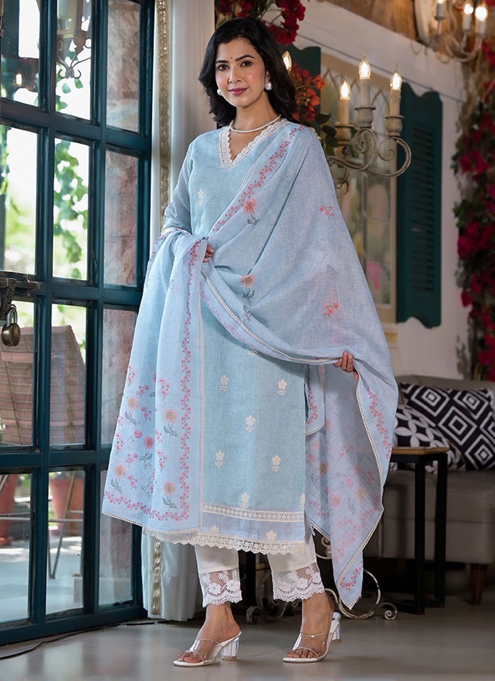 Powder Blue Floral Printed Salwar Suit with Dupatta - Hiranand Ramchand Powder Blue Floral Printed Salwar Suit with Dupatta - Hiranand Ramchand