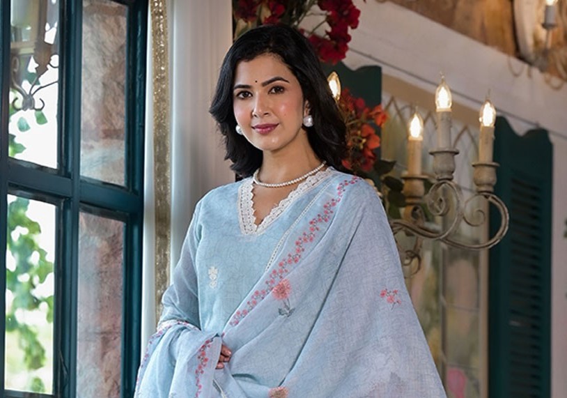 Home Powder Blue Floral Printed Salwar Suit with Dupatta - Hiranand Ramchand